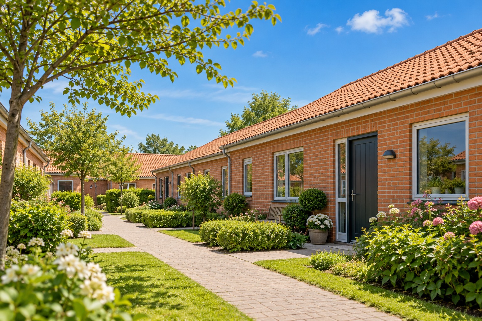 Danske rækkehuse med grønne haver og blå sommerhimmel